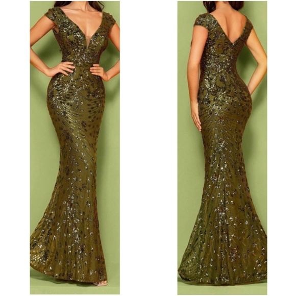 Plus V neck Sequin High Waisted Formal Black Tie Wedding Dress - Picture 10 of 13